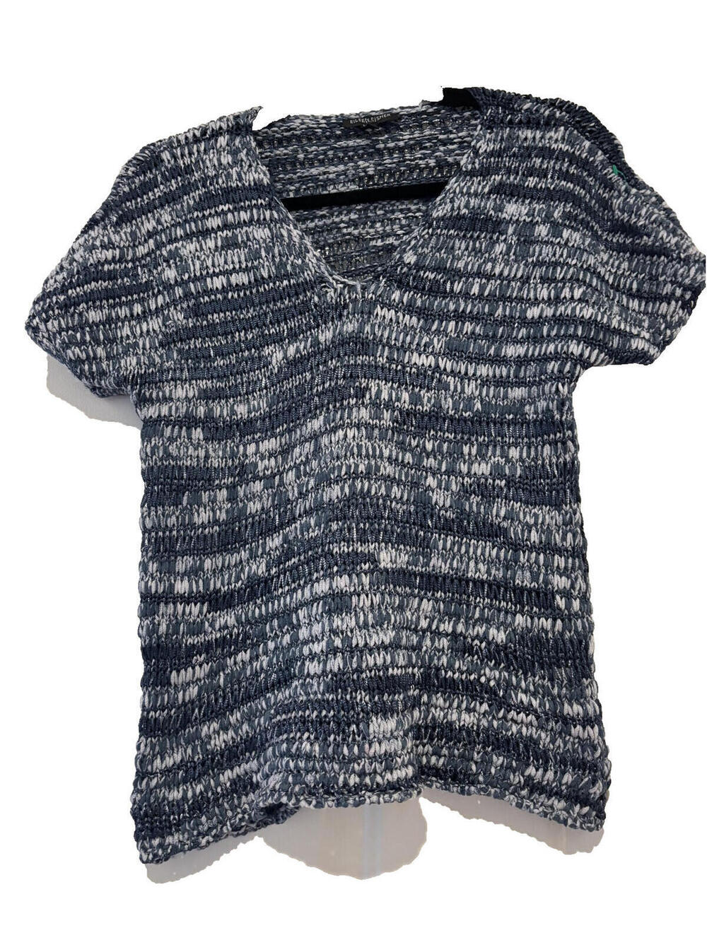 Eileen Fisher sz S petite blue woven cotton blend short sleeve sweater D